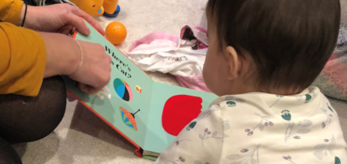 A child looks at a picture book as an out of shot adult points out words.