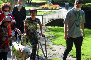 Three adults, two young people and a therapy dog walking in a park