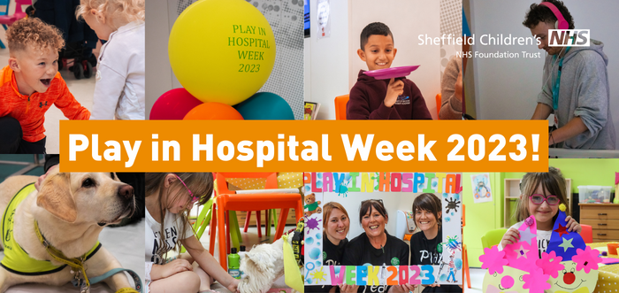 A collage of our best photos from play in Hospital week, including circus skills, balloons and therapy dogs!
