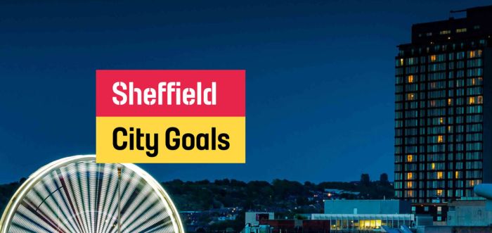 Sheffield City Goals in front of a backdrop of Sheffield