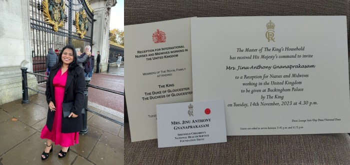 Jinu stands outside Buckingham Palace/ Jinu's invitations to the event