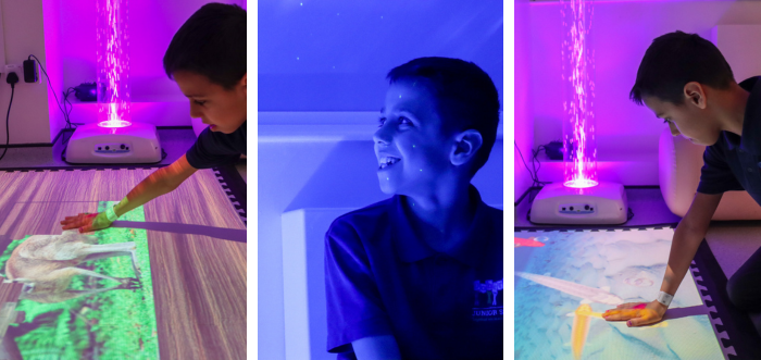 Three pictures, first one is of a boy playing with a projector on a mat, second photo shows a boy smiling with a dark light on his face and the third one shows a boy playing with a projection mat.