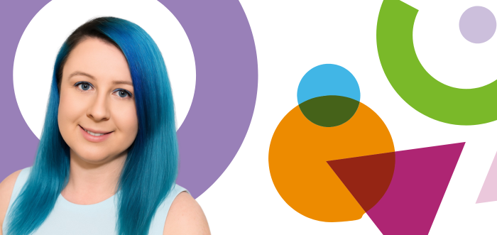 Amy smiles in front of a designed background with colourful shapes.