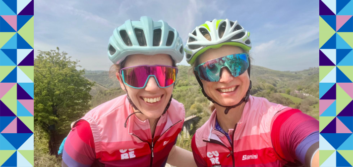 Katharine and Zoe in cycling helemts and clothing