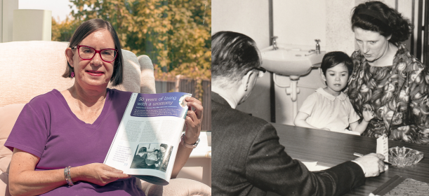 Left: Mary smiles alongside an old photo of herself in the present day. Right: Mary and mum speak to a consultant