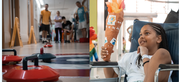 Curling action and a young person holds a torch